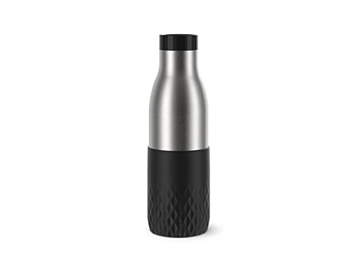 Emsa Bludrop Sleeve Isolier-Trinkflasche, 0,5 Liter, 100% dicht, Quick-Press Verschluss, Ergonomischer 360° Trinkgenuss,12h warm, 24h kühl, spülmaschinenfest, Edelstahl, Schwarz, N31105
