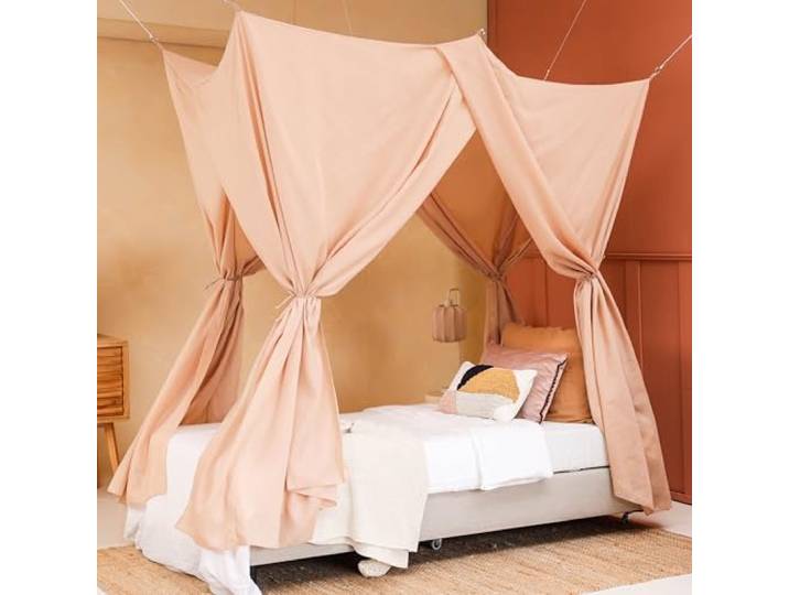 Nougat Betthimmel für Einzelbett & Kinderzimmer Rechteckiges Moskitonetz Dekorativer Baldachin für Bett Kinder Himmelbett Vorhänge, 4 Öffnungen