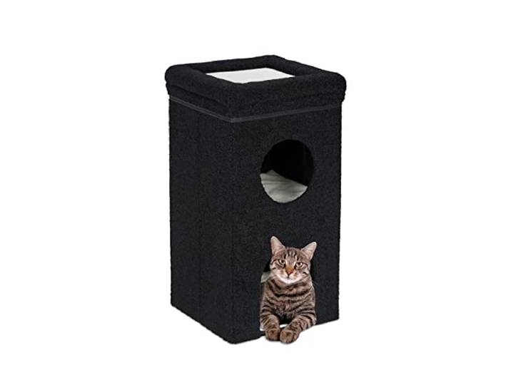 Relaxdays Niche pour Chat\, Maison Pliable\, 3 Niveaux\, cachette avec griffoir\, H x L x P : 76 x 40 x 40 cm\, Noire