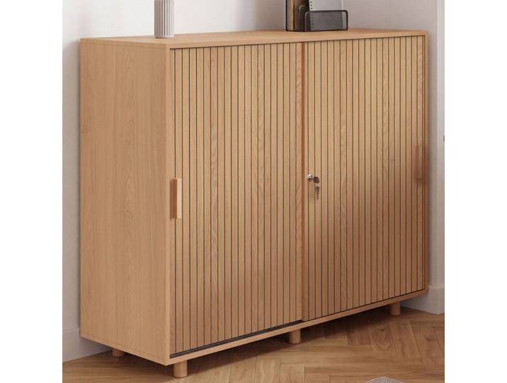 Armoire basse de bureau 2 portes coulissantes verrouillables JULIETTE effet lattes tasseau bois