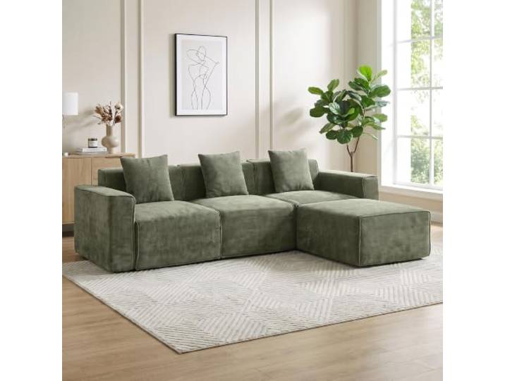 HOMCOM Ecksofa mit wendbarer Ottomane, Chenille-Bezug, breiter Sitzfläche, starker Polsterung, 3 Kissen, 251 cm, Grün