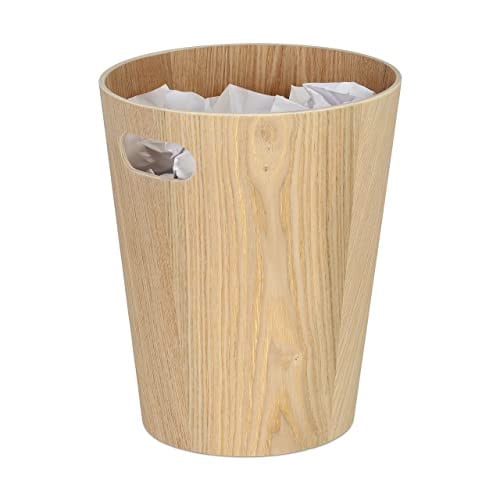 Relaxdays houten papierbak, ronde prullenbak met handvatten, 7,5 l, beige/bruin, H x ∅: 28 x 23 cm