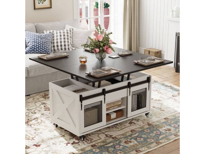 Table Basse Relevable 3 en 1 Salon -VOWNER -Multifonctionnelle avec Rangement Caché Extensible Convertible Style Ferme Noir