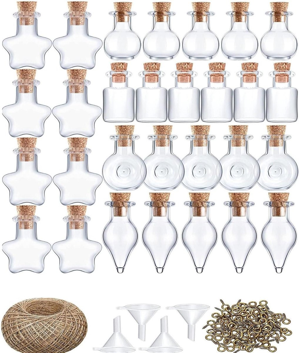 Set van 50 transparante kleine glazen potjes met kurk en touw voor decoratieve opslag