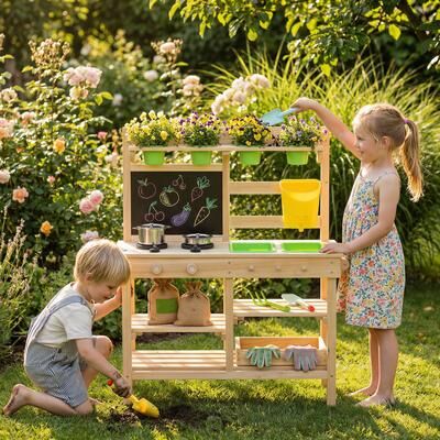 Homcom Qaba Kids Mud Kitchen, Wooden Outdoor Play Kitchen with Sink, Stove, Chalkboard, Storage Shelves, Planter Box, Natural