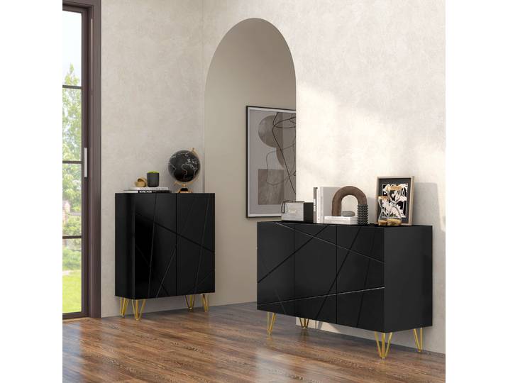 HOMCOM Buffet Noir 3 Portes Haut Brillance 120x40x75cm Salon