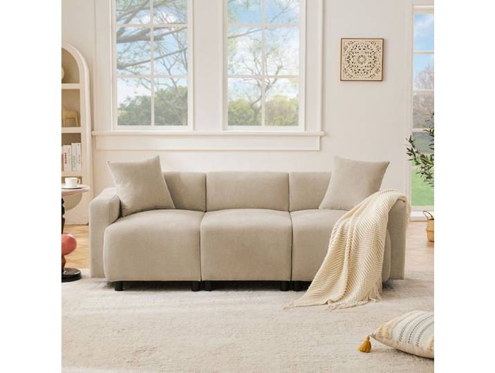 ROVRYN Canapé fixe 3 places 211 cm en chenille beige avec 2 coussins