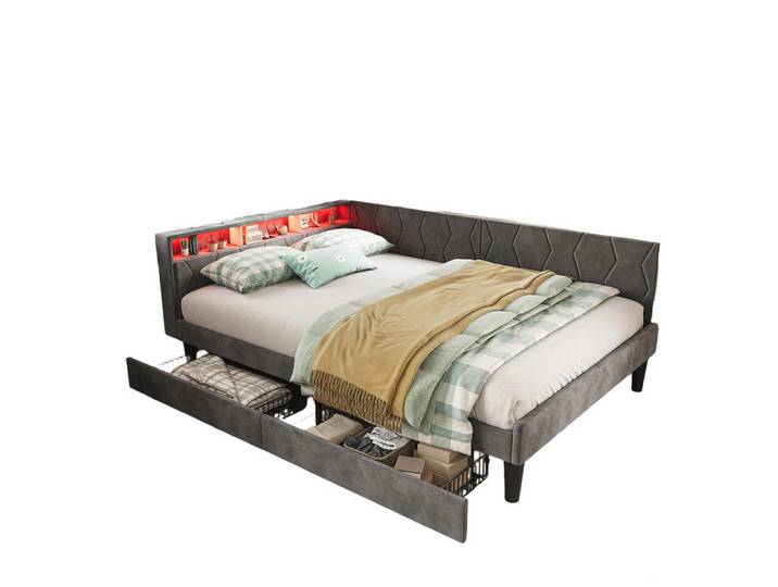 Shopentra Polsterbett 140x200cm grau Samt, Schubladen, Bettkasten, Led, Usb, Grau, Holz, Schlafzimmer, Betten, Polsterbetten