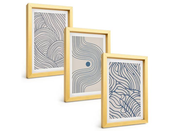 Tulup Bilder SET 3er Set - 20x30 cm Goldrahmen - Abstrakte Linien, Wellenformen, Goldfarben, Kunststoff, Rechteckig, 20x30 cm, gerahmt, Bilder & Rahmen, Bilder