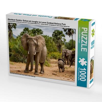 CALVENDO Puzzle Abenteuer Sambia: Elefant mit Jungtier im Lower Zambezi National Park | 1000 Teile Lege-Größe 64x48cm Foto-Puzzle für glückliche