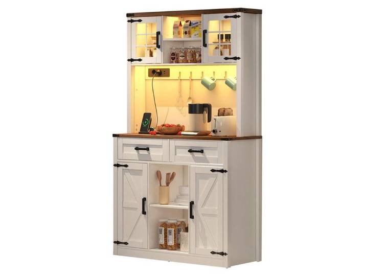 Buffet Cuisine Meuble Cuisine Rangement avec Multiprises et LED Étagères Réglables Armoire Cuisine avec Plan de Travail 100