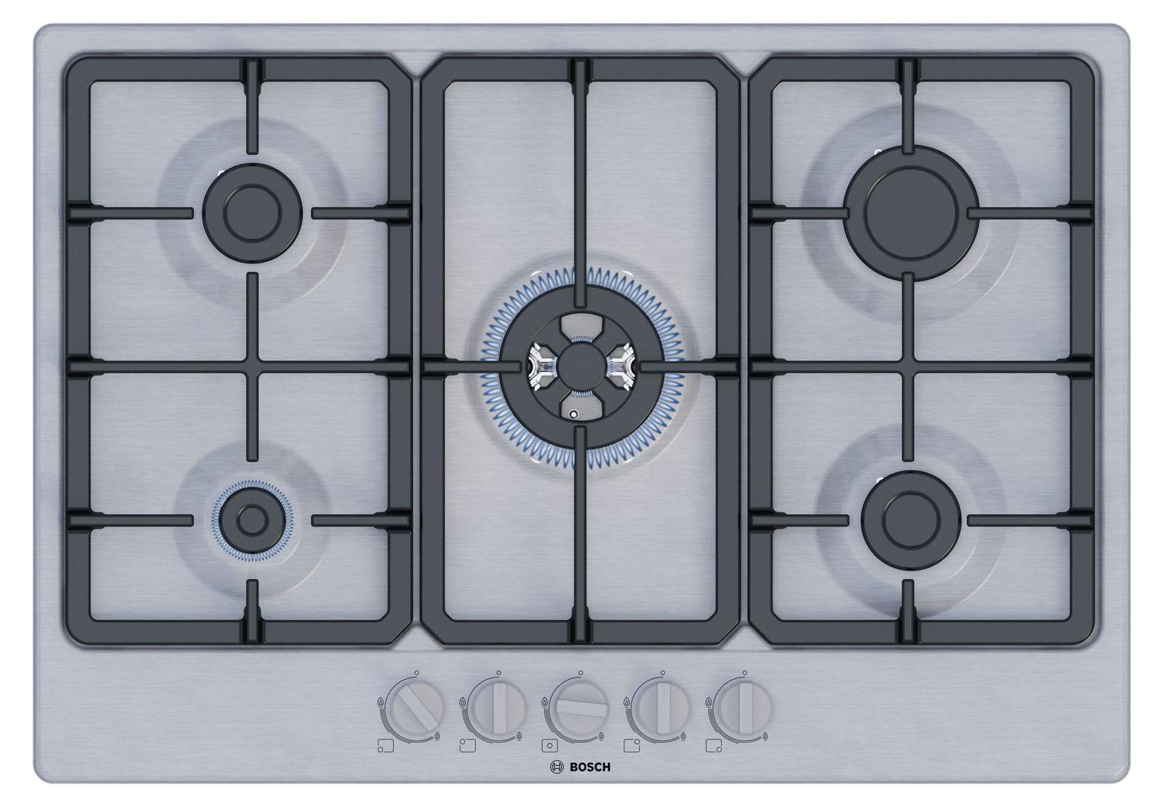 Bosch Serie 4 PGQ7B5K90, Edelstahl, Integriert, 75 cm, Gaskochfeld, Edelstahl, 5 Zone(n)