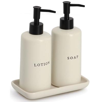 Seifenspender ZELLER PRESENT "Seifen-/Lotionspender-Set, 3-tlg., Keramik", creme, B:9,5cm H:21,5cm L:18cm, Keramik, Dosierspender, Seifenspender, Beschriftung: Seife und Lotion, minimalistisch und modern