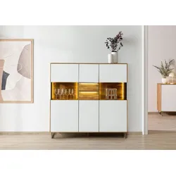 Highboard Wildeiche 148x43x144 natur geölt / Glas weiß WIEN #126