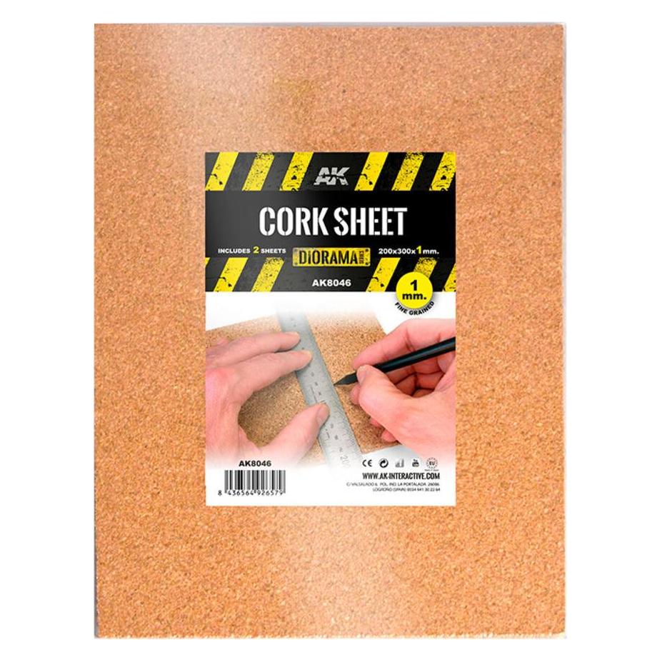 AK Interactive CORK SHEETS - FINE GRAINED / LAMINAS CORCHO - GRANO FINO - 200 x 300 x 1mm (2 SHEETS/LAMINAS) (AK8046)