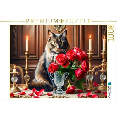 CALVENDO Puzzle Katze hinter Rosenstrauß mit Kerzen auf Gründerzeit-Tisch | 1000 Teile Lege-Größe 64x48cm Foto-Puzzle für glückliche Stunden