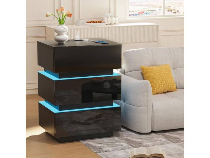 Table de Chevet avec LED - MIPAN - Avec 3 Tiroirs Able de Chevet +16 Couleurs Pour Chambre à Coucher Salon bureau