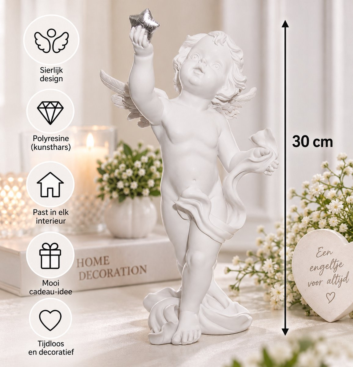Wit Engelenbeeld met Ster van Polyresin voor op een Tafel of Gedenkplek