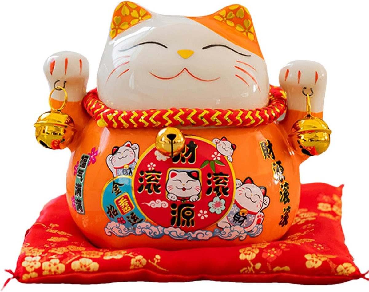 Feng Shui Kat Gelukskat Figuur Oranje Keramiek Hoogte: 114 cm