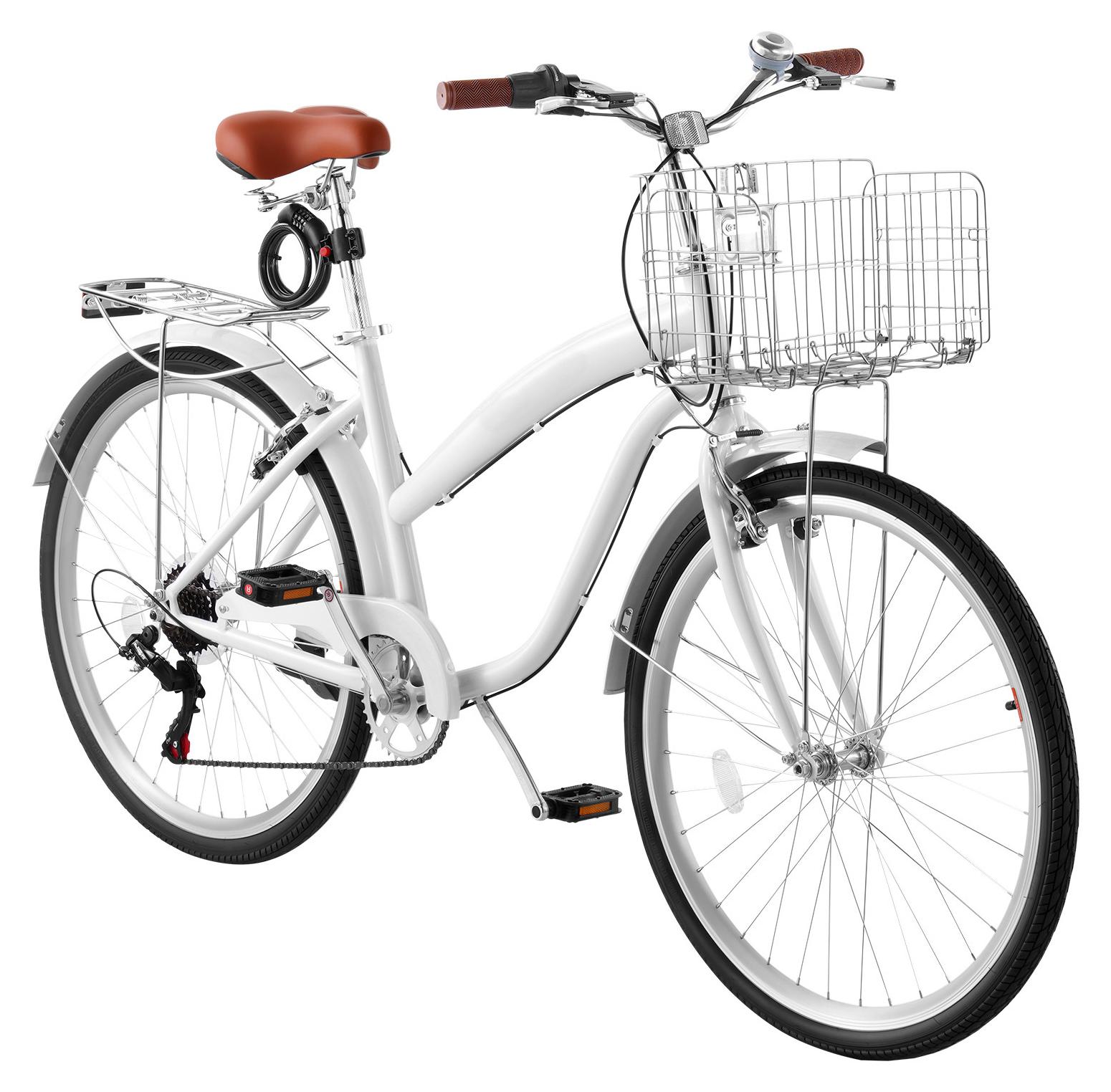 SucceBuy 26-Zoll Damen-Cruiser-Fahrrad, 7-Gang Citybike in Weiß, geeignet für Pendelfahrten, Besorgungen und Strandtouren, ausgestattet mit V-Bremsen, 50-kg-Gepäckträger, Schutzblechen und Werkzeugset