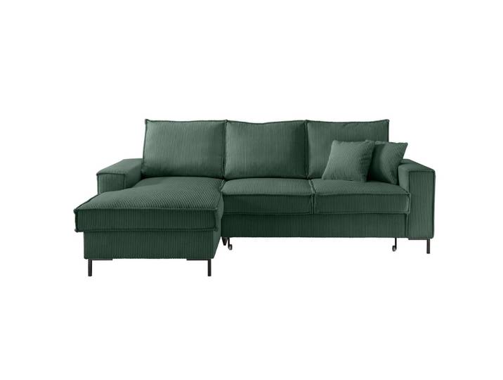 ECKSOFA mit Schlaffunktion, Bettkasten, Wellenunterfederung, Récamiere links B240/T150/H92 cm, Liegefl. 125x198 cm, Cord Grün / 17224