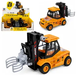 Baustellenfahrzeug-Gabelstapler mit verstellbaren Greifern, Lichtern und Geräuschen, gelb, 1:43