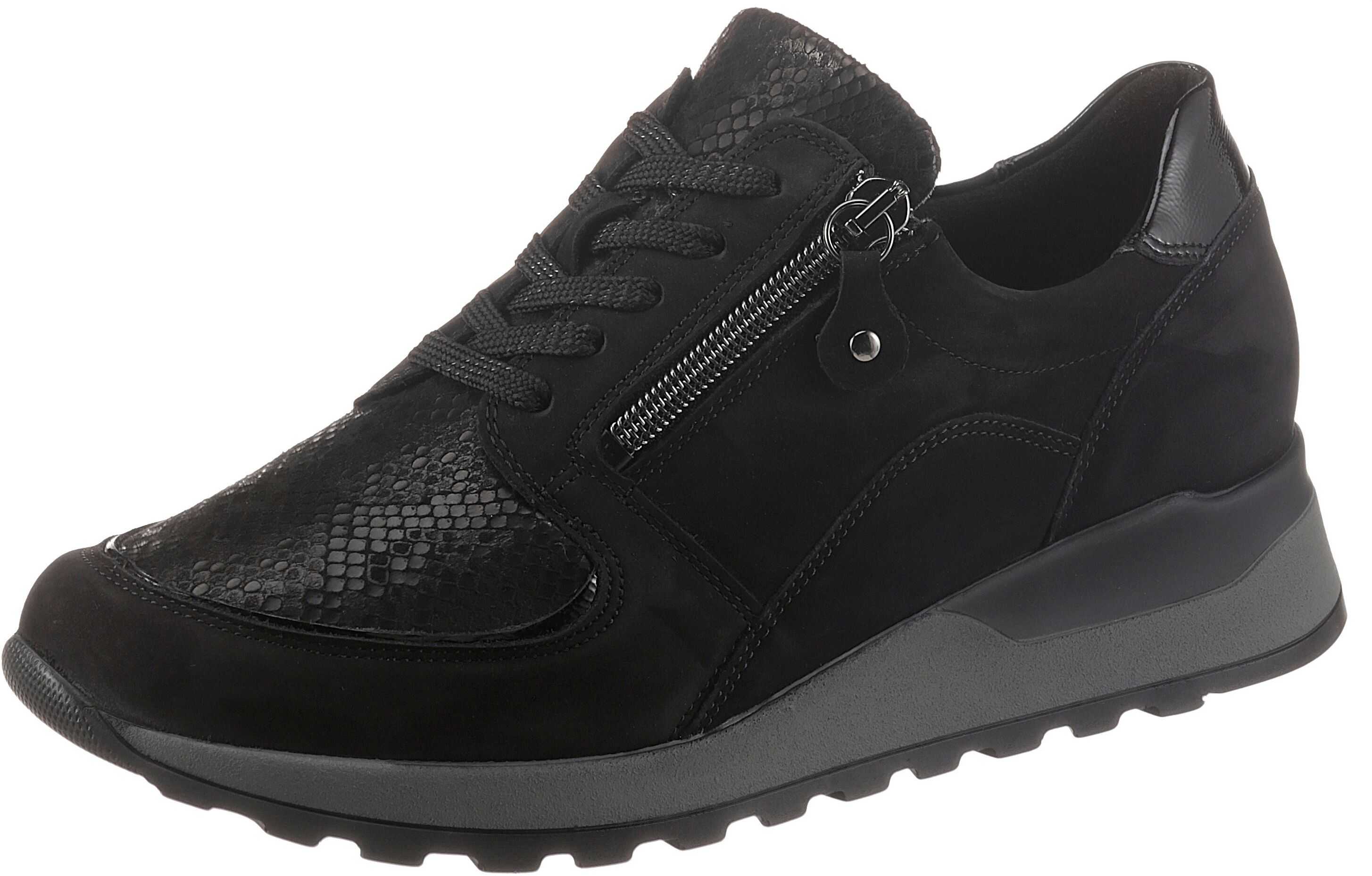 Keilsneaker WALDLÄUFER "HIROKO", Damen, Gr. 10 (44,5), antibakteriell atmungsaktiv, schwarz, Lackleder, Nubukleder, Textil, Schuhe Keilsneaker, G-Weite, Orthotritt-Ausstattung, Freizeitschuh, Halbschuh, Schnürschuh schwarz 10 (44,5), antibakteriell atmung