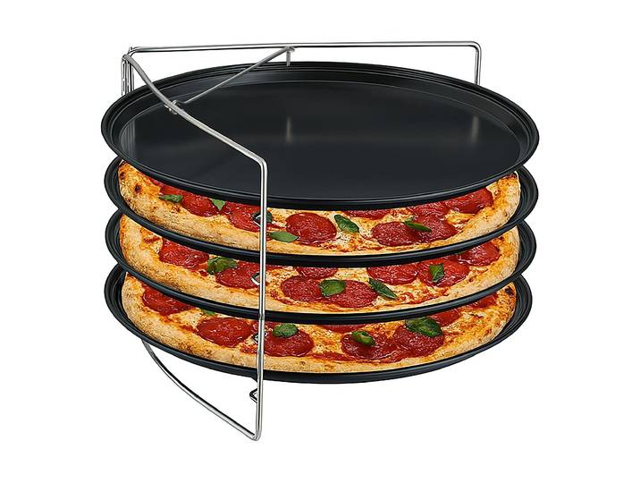 Pizzablech RELAXDAYS 4er-Set mit Gestell , schwarz, B:33cm H:20,5cm T:33cm, Edelstahl, Stahl, Backbleche, Pizzablech