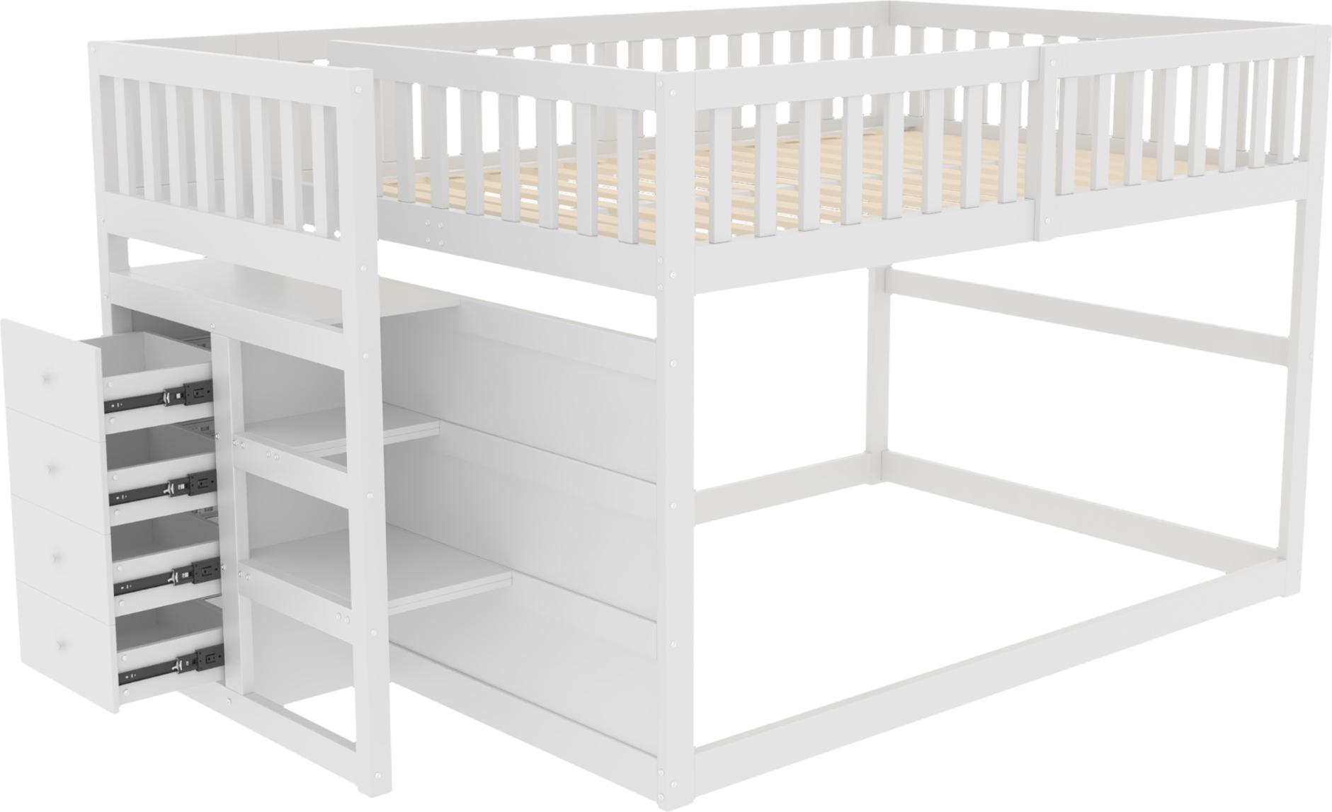 Etagenbett 140 x 200 cm, Sicherheits-Etagenbett mit Staufach, hohes Zaun-Design, Holzbett