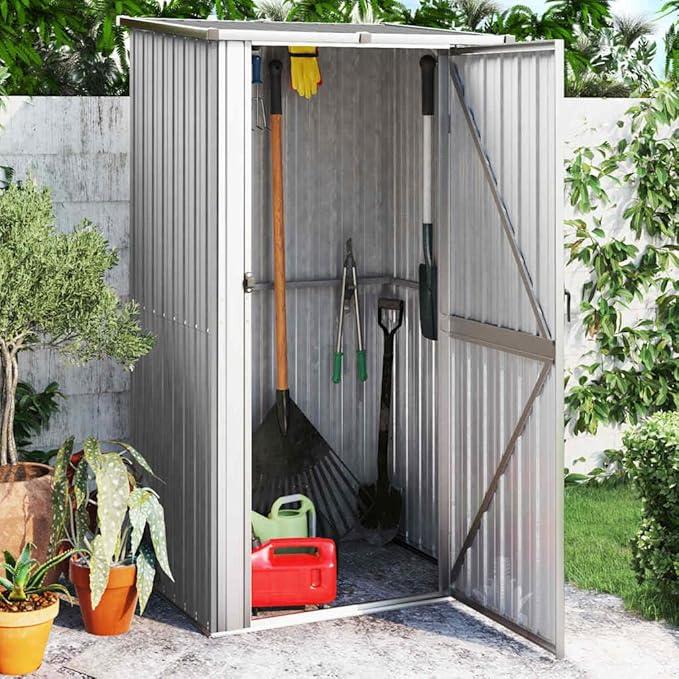 Geräteschuppen Grau aus verzinktem Stahl 118,5x97x209,5 cm mit abschließbarer Tür, wetterfestes Gartenhaus für Werkzeug, Rasenmäher, Fahrrad, Mülltonne und Outdoor Lagerung