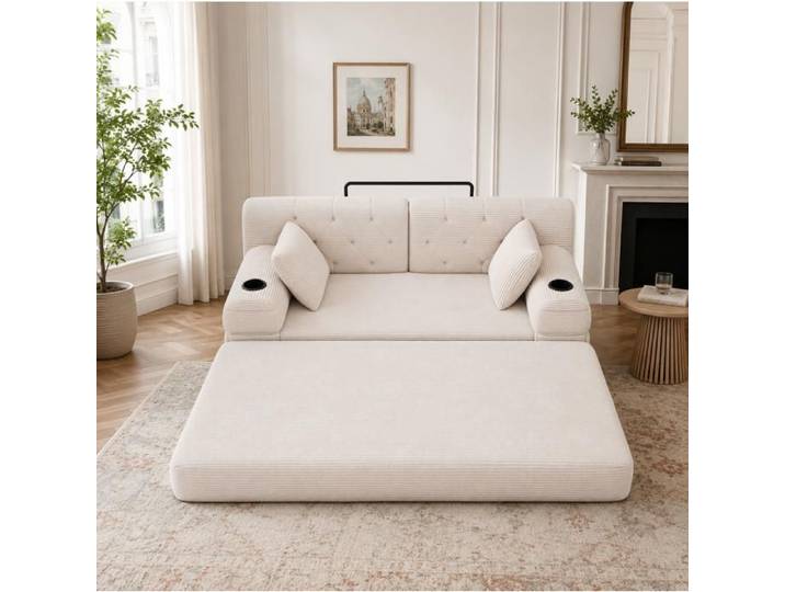 Canape-Lit 2 Places Beige Convertible Design FloraGrace Pour Petit Salon Sans Montage 168x80x81cm