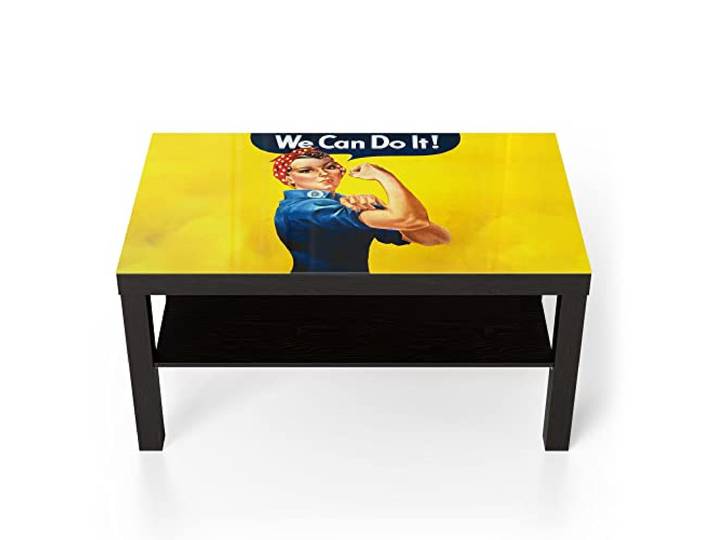 DEQORI Glastisch schwarz groß 90x50 cm Motiv Rosie die Nieterin ausgefallener Beistelltisch aus Glas Hochglanz Couchtisch fürs Wohnzimmer moderner Couch Tisch mit Design