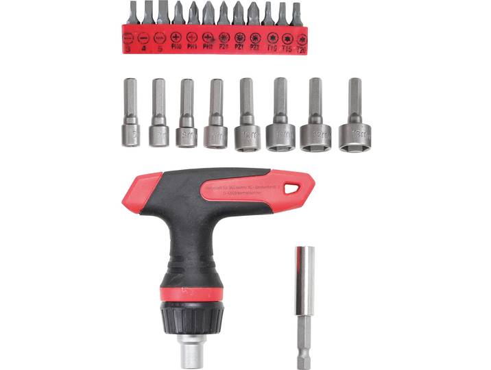 BGS DIY 20122 Jeu de douilles/embouts avec manche en T à cliquet pour embouts\, réversible 22 pcs.