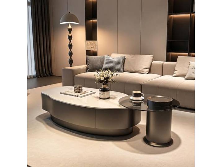 Mango Couchtisch mit Sintersteinplatte, Moderner Minimalistischer Stil Sintersteinplatte, Mango-Form-Design, moderner minimalistischer Stil, Creme-Optik, Couchtisch für kleine Räume, Wohnzimmer