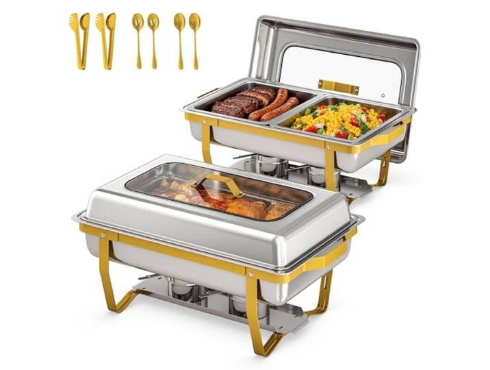 EffiQ-Rate 2 Stück Chafing Dish mit Klarsichtdeckel 9QT Große Kapazität Edelstahl, Bain-Marie Heizungmit, Transparenter, mit Faltbarer Ständer, Stapelbare, für Buffet, Partys, Hochzeiten, Catering