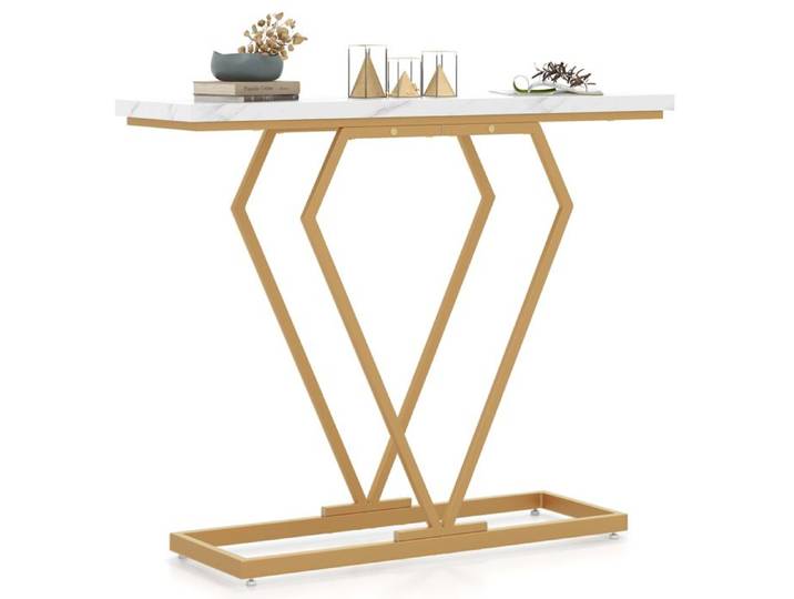 Table Console DREAMADE Table d'Entrée avec Plateau en Faux Marbre Cadre en Forme de Diamant Cadre en Métal Robuste Doré