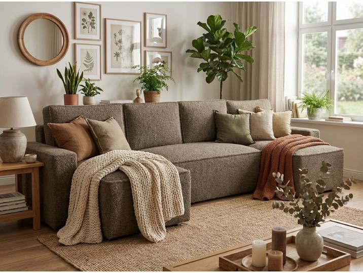 AKTION Ausziehbare Wohnlandschaft in U SMART BOUCLÉ 303x143 cm, dunkel beige II. Güteklasse