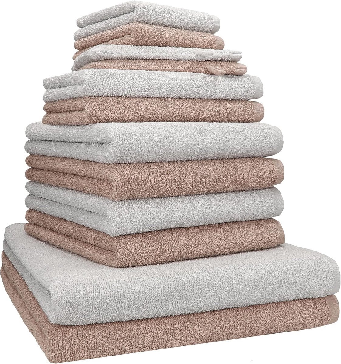 12-delige badkamer textiel set van 100% katoen in cappuccino en zilver grijs
