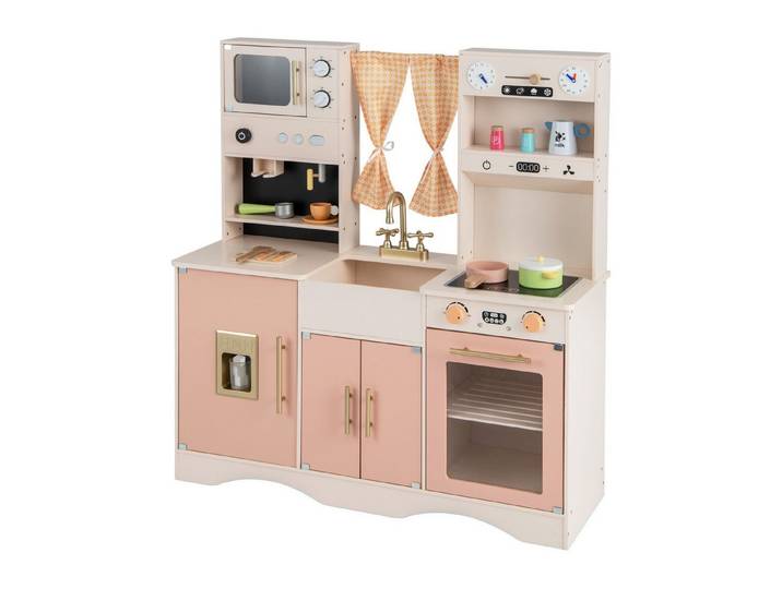 COSTWAY Spielküche Holz, Kinderküche mit Mikrowelle, Spüle