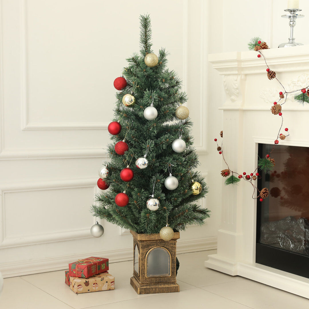 The Seasonal Aisle HOMCOM 4ft Artificial Christmas Tree with 80 Warm White LED Lights Remote Green 1.55' H X 1.64'