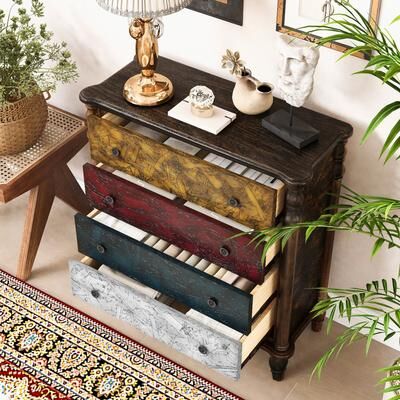 Loedds 32-Inch Tall 4-Drawer Farmhouse Dresser with Solid Wood Feet