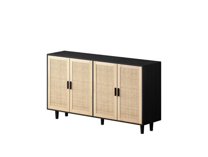 Buffet noir avec 4 portes en cannage de rotin et design scandinave