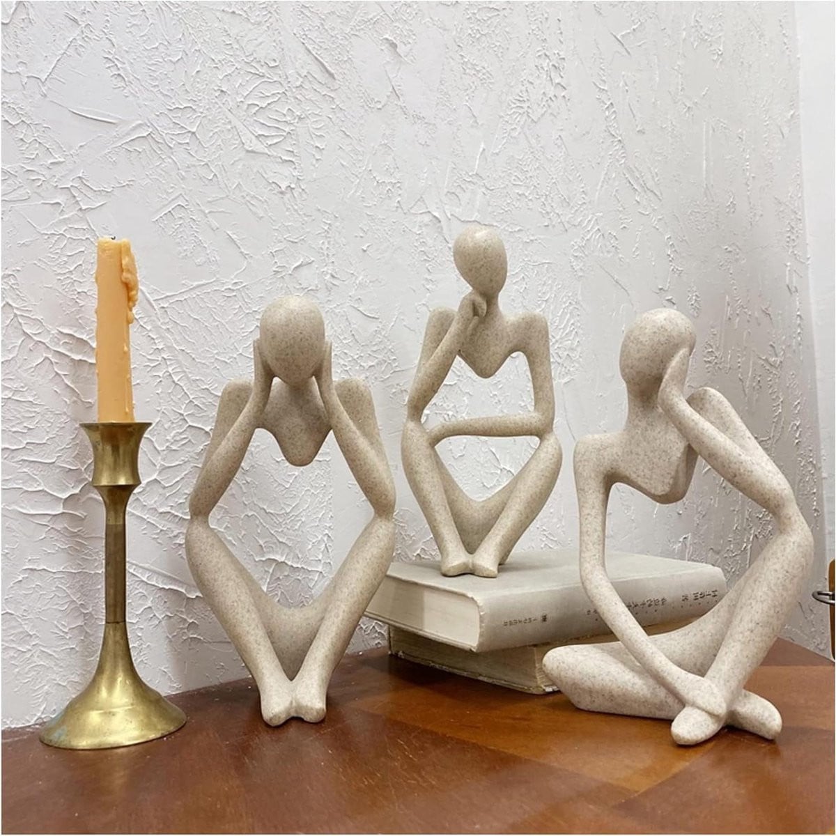 Denker Abstracte Sculpturen - Set van 3 Beelden voor Huisdecoratie - Zandsteen Hars - Beige