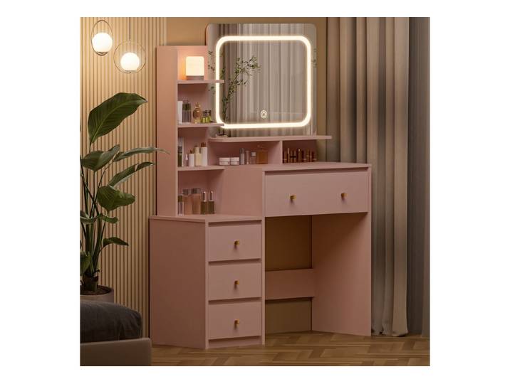 Lexzurn Schminktisch Schminktisch mit LED-Beleuchtung, Kosmetiktisch mit Spiegel, 5 Schubladen+8 offene Fächer, Helligkeit verstellbar, 90x139x40 cm