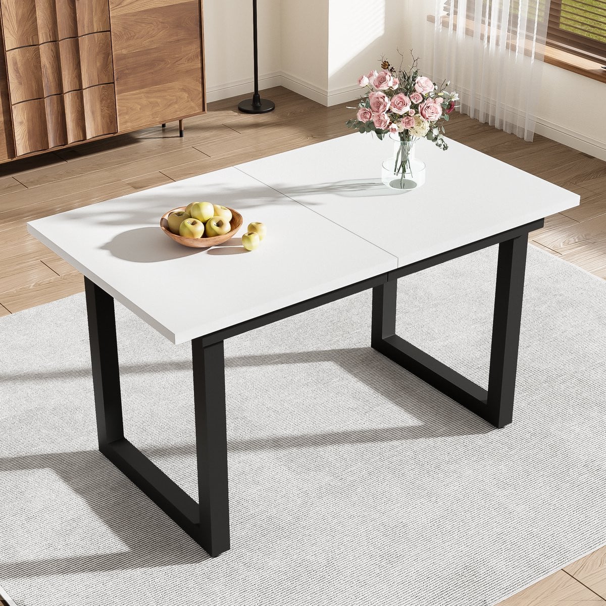 Uitschuifbare rechthoekige eettafel in industriële stijl, Wit en Zwart