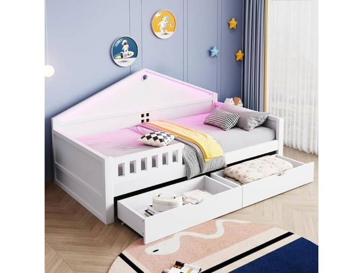 Lit enfant 90×200 cm avec barre lumineuse tiroirs sommier à lattes lit simple lit jeunesse blanc