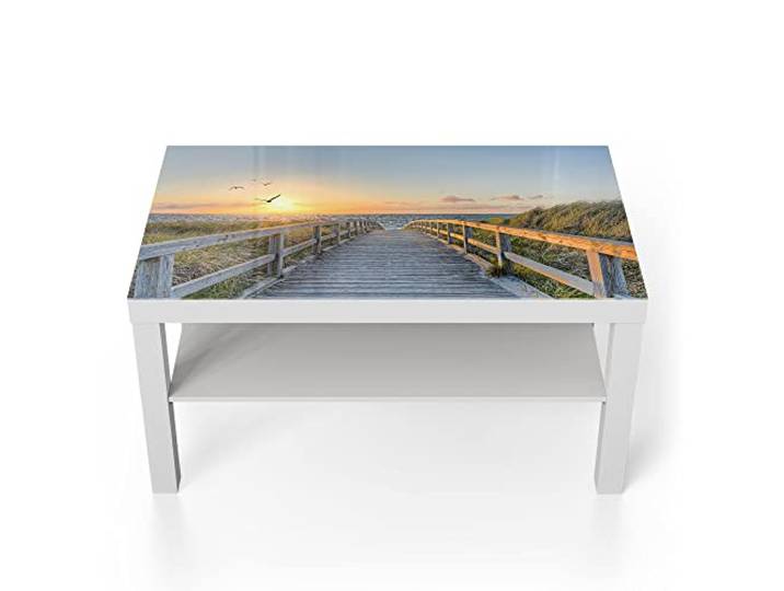 DEQORI Glastisch weiß groß 90x50 cm Motiv Dünenweg zum Meer ausgefallener Beistelltisch aus Glas Hochglanz Couchtisch fürs Wohnzimmer moderner Couch Tisch mit Design