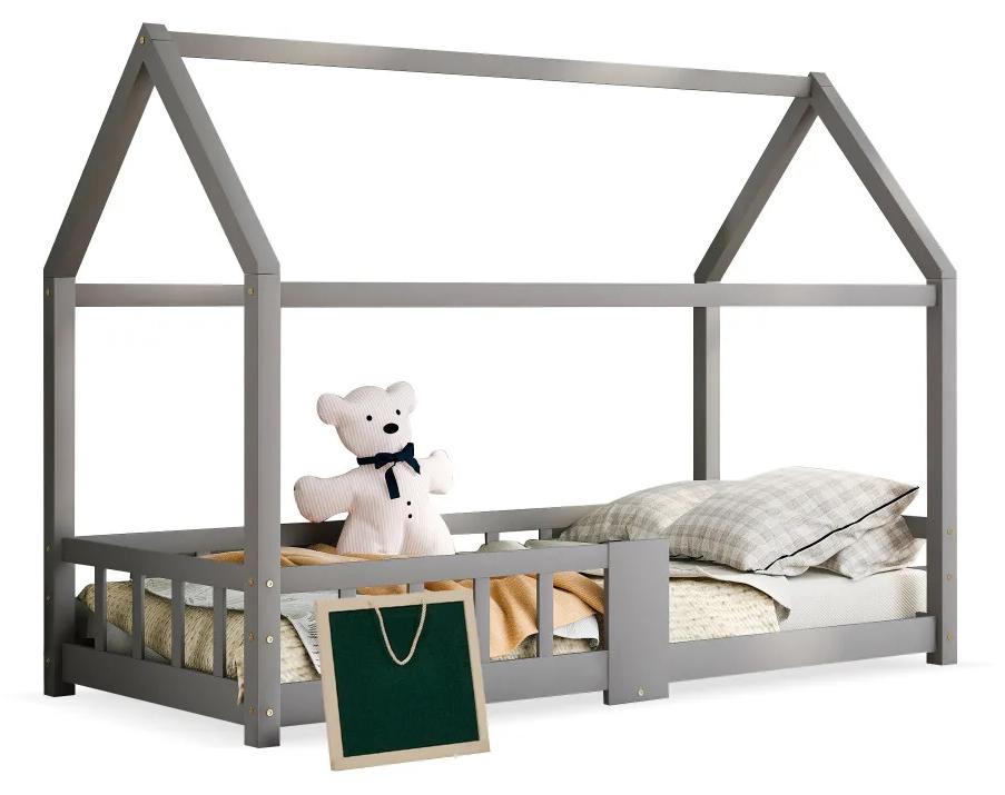 Kinderhausbett - 90 x 200 cm - Massivholz mit Stauraum - Zeichenbrett - Lattenrost mit Rausfallschutz - Grau