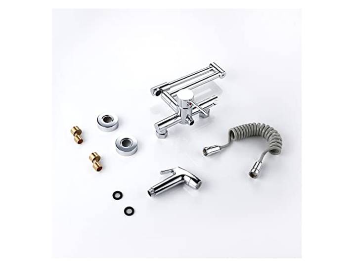 Drehbare Küchenarmatur, Küchen-Mischbatterie mit Sprüher, heißer und kalter Strom, Wandmontage, Topffüller, Wasserhahn, herausziehbar, zwei Löcher, Großhandel, Schwarz(9001PC)