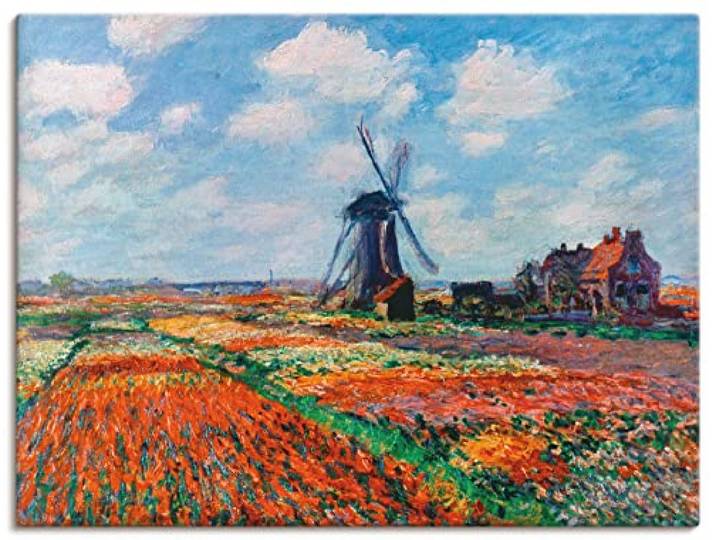 ARTLAND Wanddeko Leinwand Bilder Wandbild Idyll Dorf Windmühle Blumen Tulpen Tulpenfelder in Holland 1886 Impressionismus Claude Monet T1DN